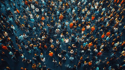 Aerial view connected crowd, city square, sunset, network visualization, social media