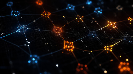Abstract Network of Connections: A visually stunning abstract image showcasing a complex network of interconnected nodes with a dynamic glow, symbolizing data flow and communication