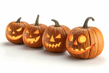 Drei orangene geschnitzte Halloween Kürbisse,Three Jack-o'-Lantern Pumpkins Isolated on White Background,Spooky Halloween Pumpkins on White Background,


