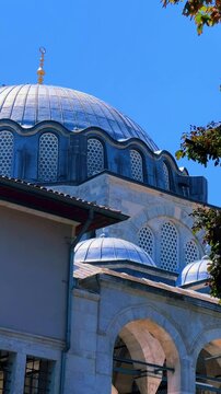 ISTANBUL, TURKEY - AUGUST 8, 2024: Exterior view of the Rustem Pasha Mosque in Eminonu. It was built in 1563 by Mimar Sinan. The mosque of Rustem Pasha, located in Tekirdag. 4K