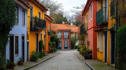 Obraz premium Colorful Portuguese cobblestone street, houses, plants, trees, spring