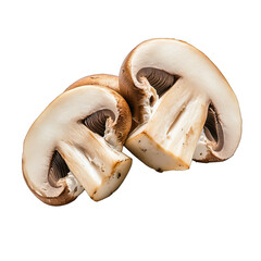 Fototapeta premium Fresh sliced mushrooms, light beige and off-white layers, ideal for cooking or garnishing dishes, healthy ingredient focus. Isolated on white background or PNG