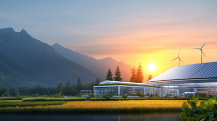 Obraz premium eco-friendly building with solar panels and wind turbines at sunset, surrounded by flowers and mountains reflecting on the lake.