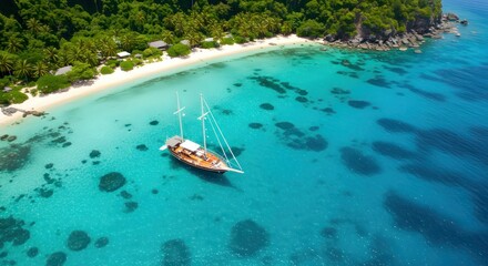 Fototapeta premium Sailboat Anchored with Tropical Beach.