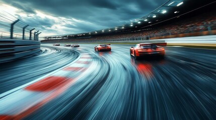 Dynamic Race Scene with Speeding Cars on Wet Track during Competition, Dramatic Atmosphere with Dark Clouds and Intense Lighting Effects