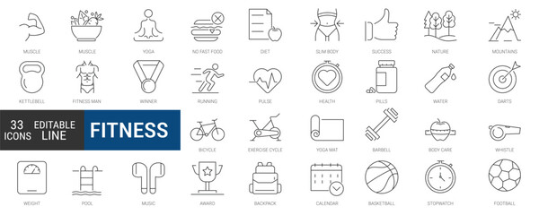 Fitness and sport - thin line editable stroke icon set. outline vector collection. simple web symbols.