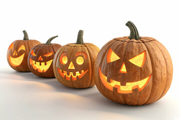 Drei orangene geschnitzte Halloween Kürbisse,Three Jack-o'-Lantern Pumpkins Isolated on White Background,Spooky Halloween Pumpkins on White Background,


