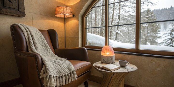 Cozy armchair by the window with snowy landscape view during winter afternoon