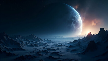 Obraz premium Futuristic Space Travel Wallpaper: Merging Cosmic Landscapes with Modern Minimalism and Scientific Progress for Innovative Visual Experiences in Digital Art