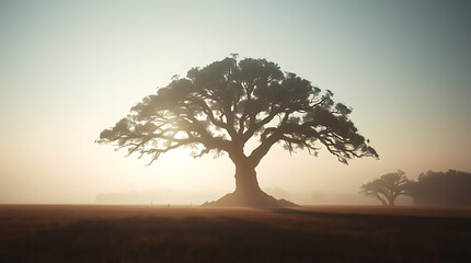 Majestic Tree in Misty Sunrise Field