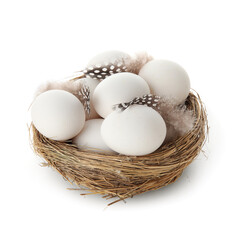 Nest with chicken eggs and feathers on white background. Easter celebration