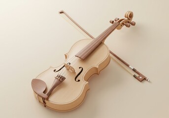 Obraz premium A light brown violin with a bow resting on a beige background in a studio setting perfectly lit