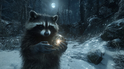 Obraz premium Mischievous Raccoon Examining Treasure Under Moonbeams