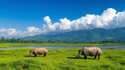 Fototapeta premium Rhinos Grazing in Green Field