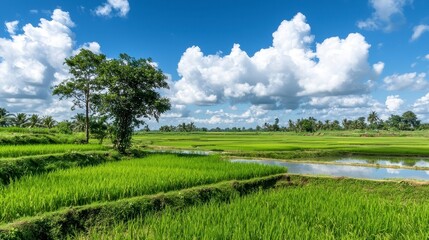 Obraz premium Lush Green Rice Fields Landscape