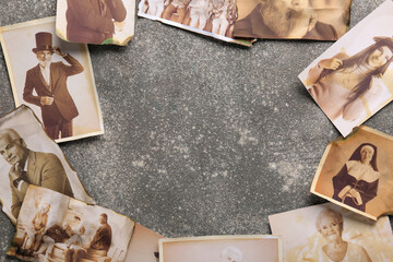 Frame made of old photos of relatives on grunge background. Concept of family tree