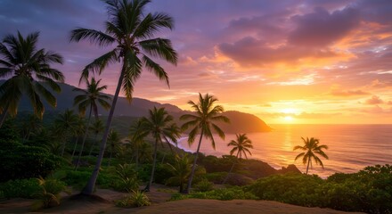 Tropical Sunset with Palm Trees, and Ocean.