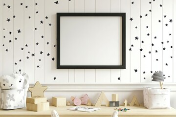 Stylish scandi childroom withwooden mock up photo