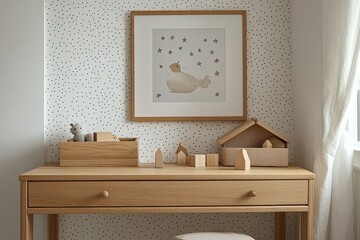 Stylish scandi childroom withwooden mock up photo