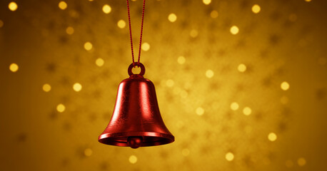 Obraz premium A close-up photograph of a red metal Christmas bell hanging against a golden bokeh background