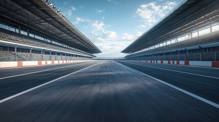 Racetrack asphalt, grandstands, sunny sky, start-finish line, motorsport