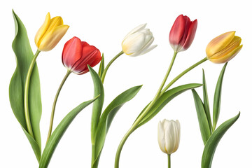 Naklejka premium Set of Blooming Tulip Flowers正在Growing in Soil Isolated on Transparent or White Background, PNG,Three red tulips isolated on white background,Blooming tulips on a white background.
