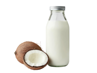 Coconut milk bottle and fresh coconut cut out background food condiment neutral environment creative viewpoint