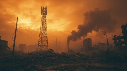 Urban ruins at sunset with smoke rising in post-apocalyptic cityscape