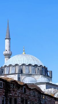 ISTANBUL, TURKEY - AUGUST 8, 2024: Exterior view of the Rustem Pasha Mosque in Eminonu. It was built in 1563 by Mimar Sinan. The mosque of Rustem Pasha, located in Tekirdag. 4K