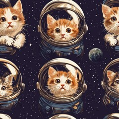 A whimsical illustration featuring adorable kittens in astronaut helmets, set against a starry background with planets.