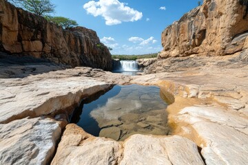Waterfall Cascading Into Natural Pool With Rocky Cliffs Under Blue Sky