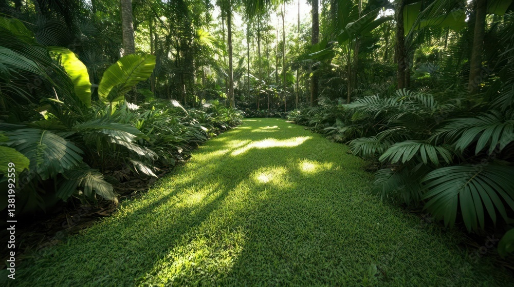Aufkleber green pathway through lush rainforest with sunlight streaming through trees