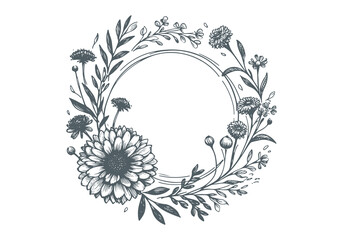 Circular Flower and botaical border Hand Drawn Illustration Sketch Vector Isolated