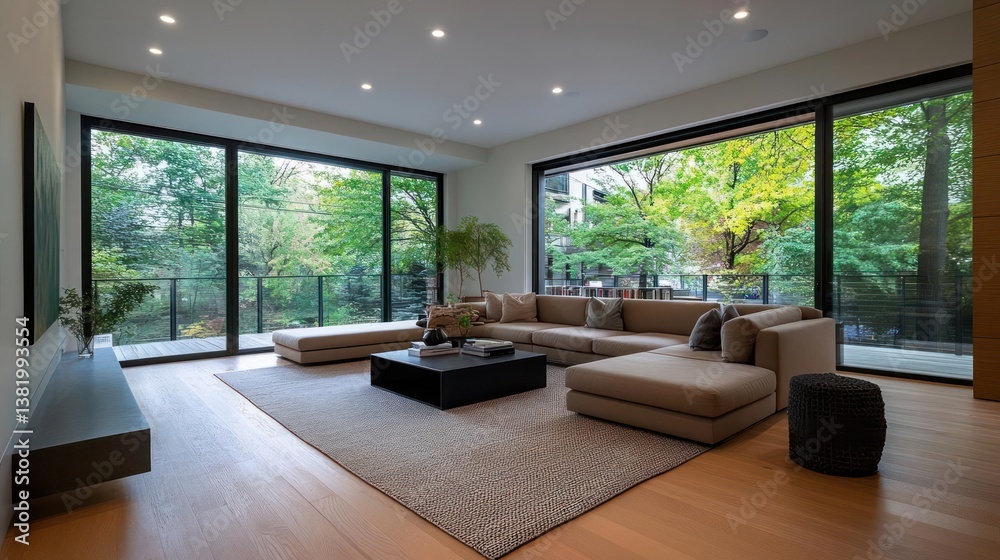 Poster luxurious modern living room with panoramic view of green trees through floor-to-ceiling windows