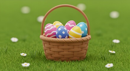 Charming Easter basket filled with vibrantly decorated eggs nestled in lush green grass with scattered white flowers