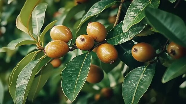 Close-up of ripe Sapote fruits on a branch with lush green leaves