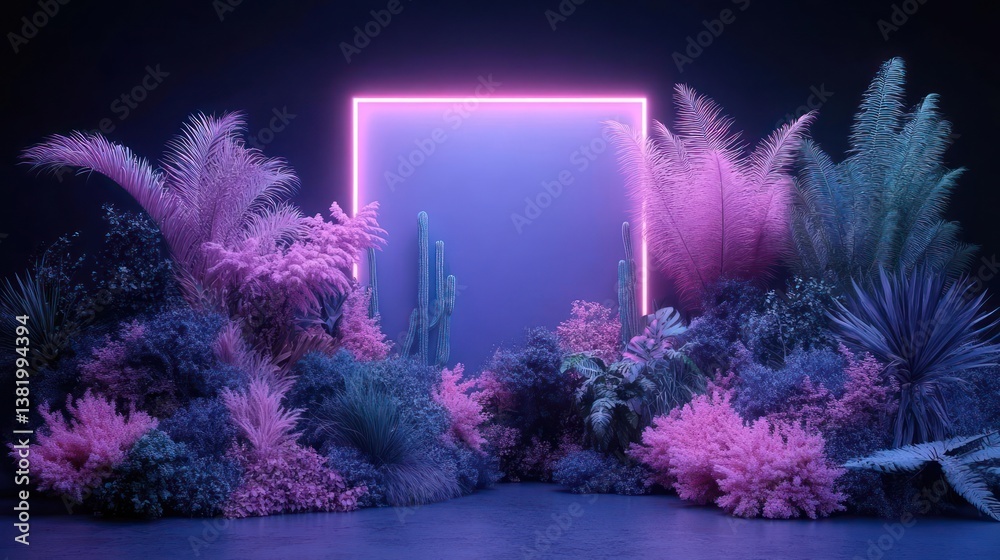 Poster abstract pixelated plants surrounding glowing neon square on dark surface with purple and blue color