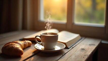 morning coffee with heart shaped foam and book on a wooden table