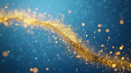 The blue background contrasts with golden rising data line and abstract graphic, showcasing growth and analytical motion for technology background.
