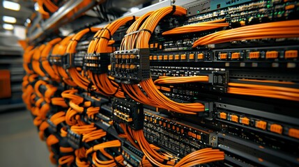 A close-up view of organized orange cables in a data center