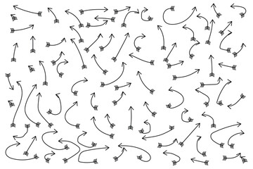 Collection of black line arrows. Hand drawn straight and curved doodle black arrows collection. Set of Hand drawn vector arrows doodle on white background. Vector Formats. Collection of pointers.

