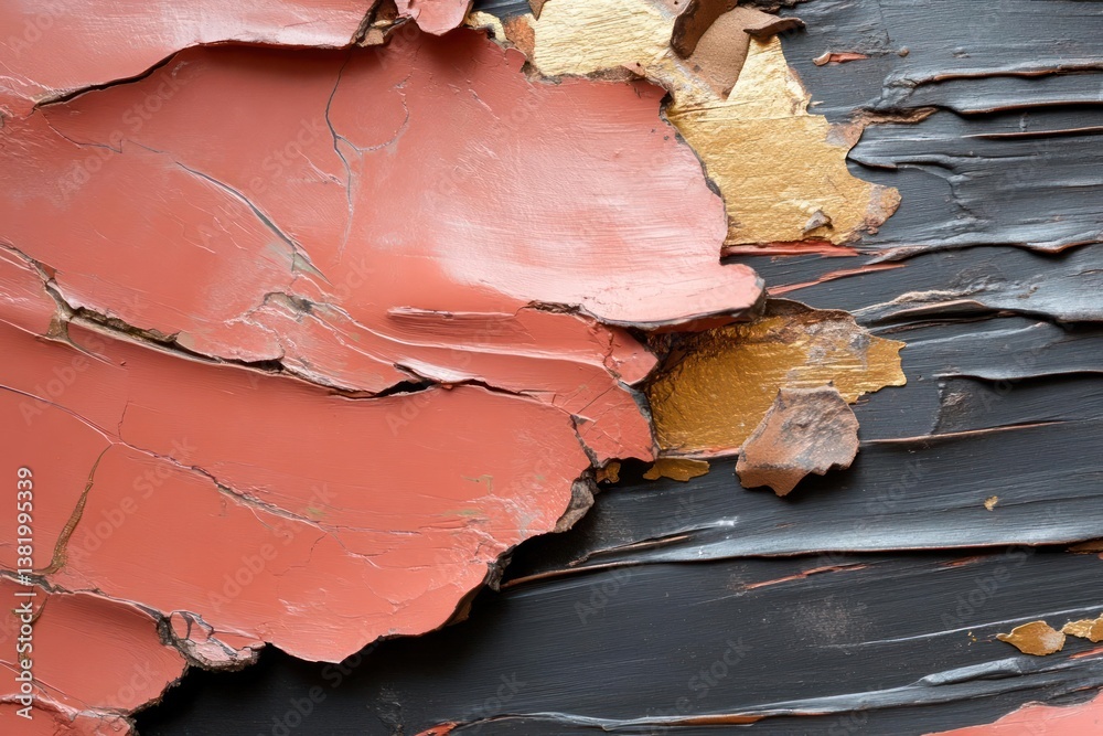 Poster Close Up View Of Peeling Paint Showing Layers Of Red Gold And Black Textures With Horizontal And Diagonal Lines