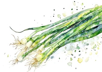 Watercolor illustration fresh green onions with intricate details, isolated on white