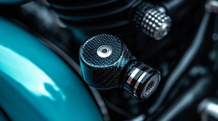 Close-up of a motorcycle engine component with a sleek black finish