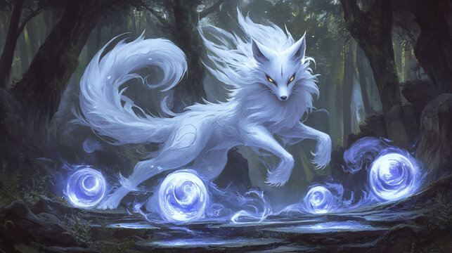 Magical Kitsune with Radiant Orbs in Shadowy Mythical Grove