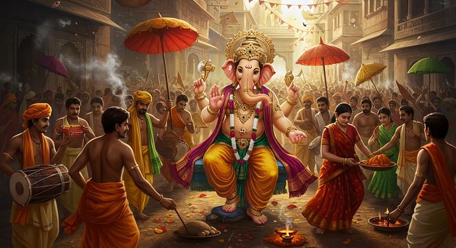 Vibrant Ganesha Procession: A Celebration of Indian Heritage and Festive Spirit