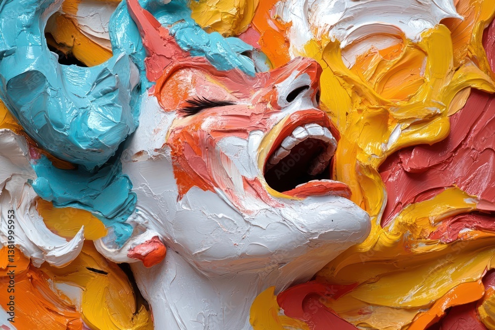 Poster Textured Art Piece of a Shouting Face with Open Mouth in Bright Colors Showing Dynamic Shapes