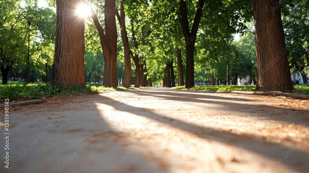 Aufkleber sunlit pathway through a lush green park with tall trees casting shadows on the ground during daytim