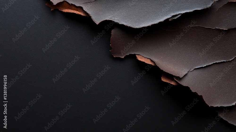 Poster close up textured paper edges showing torn brown and black colors on dark background