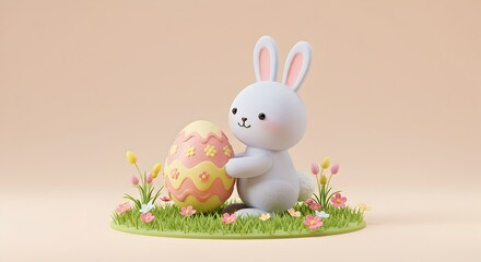 Cute Easter Bunny Hugging a Decorated Egg in a Spring Meadow